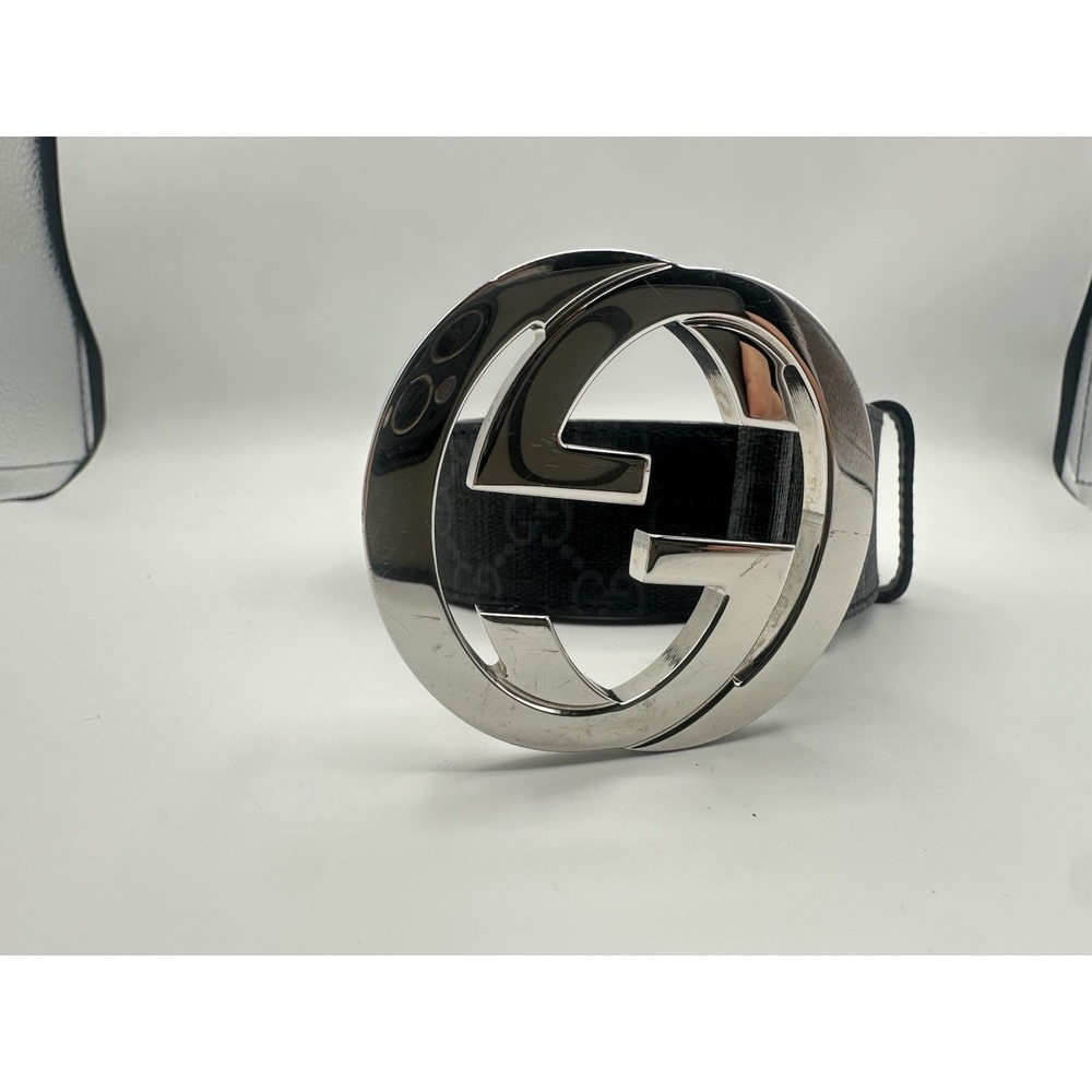 Gucci Man  Black GG Silver Tone Monogram Leather Belt Size 33 - Picture 3 of 7